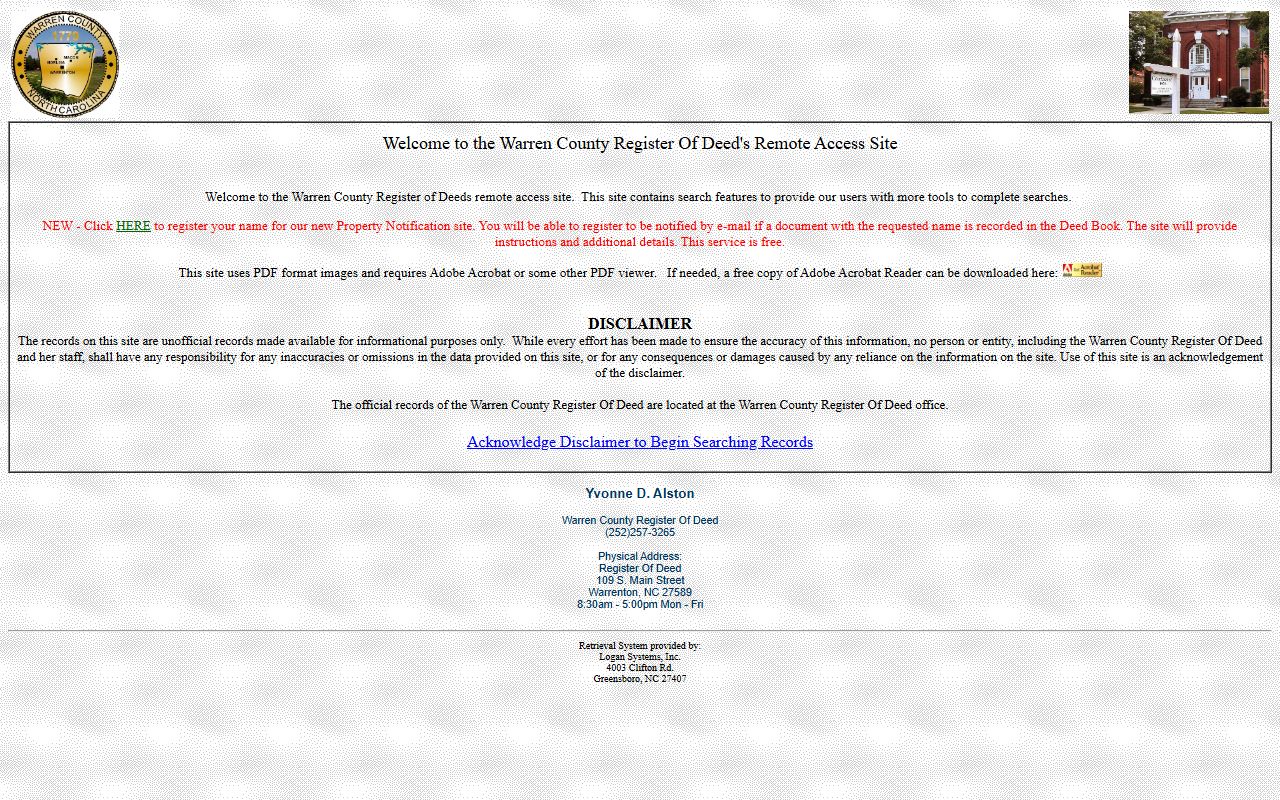 Warren County marriage records Register of Deeds remote access disclaimer